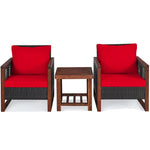 3 Piece Wicker Patio Bistro Set Rattan Conversation Sofa Chair with Acacia Wood Coffee Table & Cushions