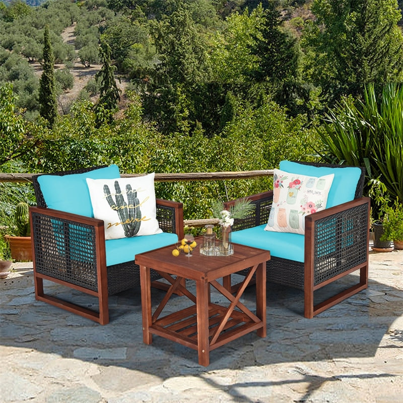 3 Piece Wicker Patio Bistro Set Rattan Conversation Sofa Chair with Acacia Wood Coffee Table & Cushions