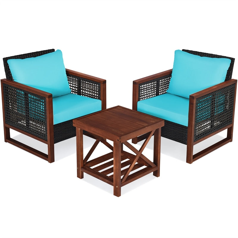 3 Piece Wicker Patio Bistro Set Rattan Conversation Sofa Chair with Acacia Wood Coffee Table & Cushions