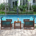 3 Piece Wicker Patio Bistro Set Rattan Conversation Sofa Chair with Acacia Wood Coffee Table & Cushions