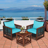 3 Piece Wicker Patio Bistro Set Rattan Conversation Sofa Chair with Acacia Wood Coffee Table & Cushions