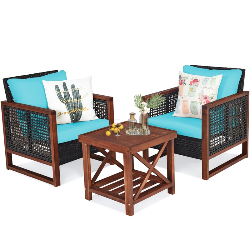 3 Piece Wicker Patio Bistro Set Rattan Conversation Sofa Chair with Acacia Wood Coffee Table & Cushions