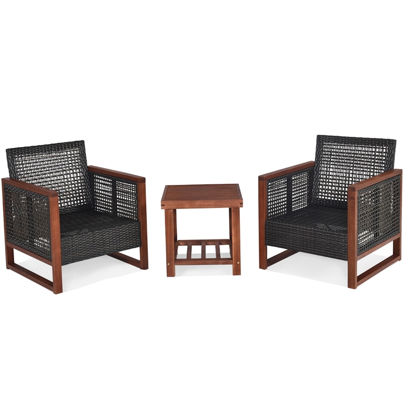 3 Piece Wicker Patio Bistro Set Rattan Conversation Sofa Chair with Acacia Wood Coffee Table & Cushions