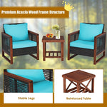 3 Piece Wicker Patio Bistro Set Rattan Conversation Sofa Chair with Acacia Wood Coffee Table & Cushions