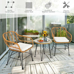 3 Piece Rattan Patio Bistro Set Wicker Conversation Set with Glass Coffee Table & Cushioned Armchairs