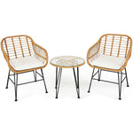 3 Piece Rattan Patio Bistro Set Wicker Conversation Set with Glass Coffee Table & Cushioned Armchairs