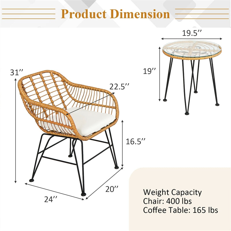 3 Piece Rattan Patio Bistro Set Wicker Conversation Set with Glass Coffee Table & Cushioned Armchairs