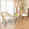 3 Piece Rattan Patio Bistro Set Wicker Conversation Set with Glass Coffee Table & Cushioned Armchairs