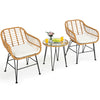 3 Piece Rattan Patio Bistro Set Wicker Conversation Set with Glass Coffee Table & Cushioned Armchairs