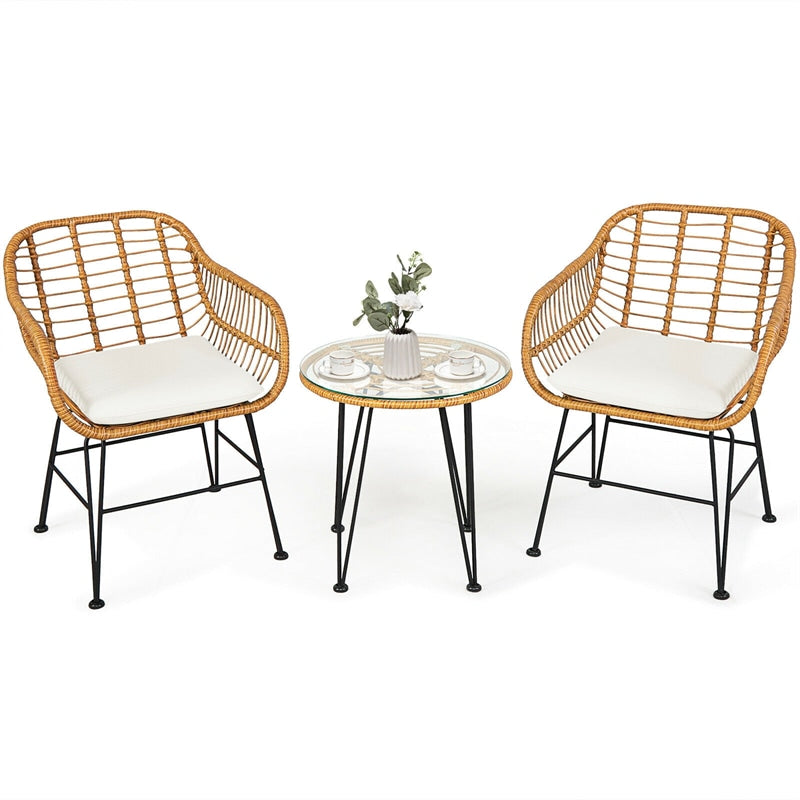 3 Piece Rattan Patio Bistro Set Wicker Conversation Set with Glass Coffee Table & Cushioned Armchairs