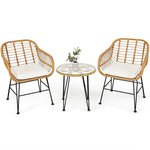 3 Piece Rattan Patio Bistro Set Wicker Conversation Set with Glass Coffee Table & Cushioned Armchairs