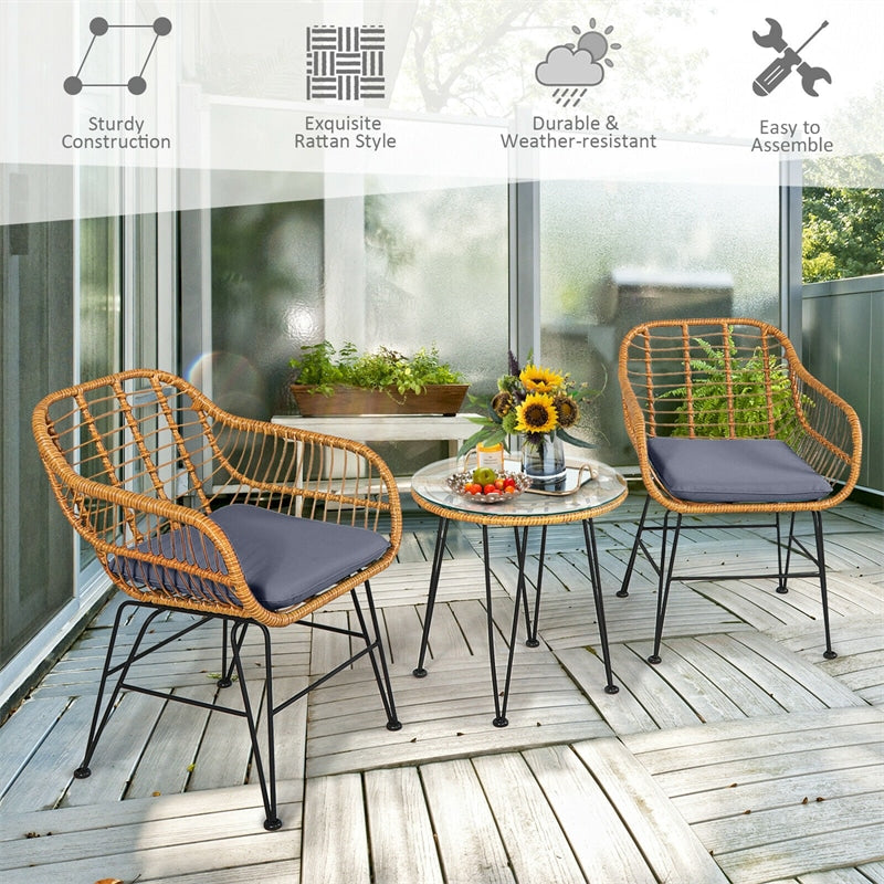 3 Piece Rattan Patio Bistro Set Wicker Conversation Set with Glass Coffee Table & Cushioned Armchairs