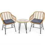 3 Piece Rattan Patio Bistro Set Wicker Conversation Set with Glass Coffee Table & Cushioned Armchairs