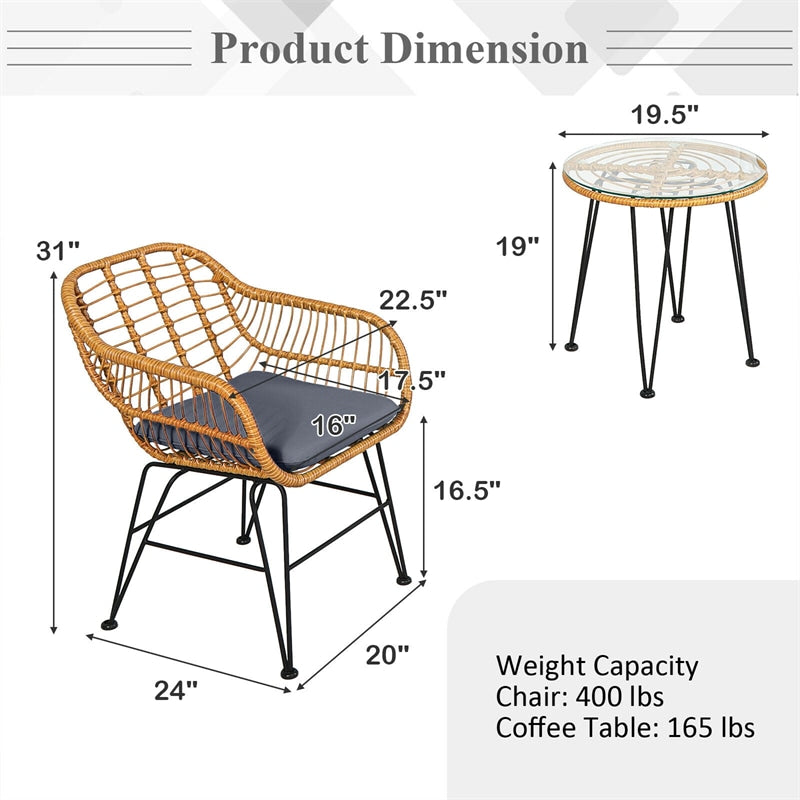 3 Piece Rattan Patio Bistro Set Wicker Conversation Set with Glass Coffee Table & Cushioned Armchairs