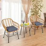 3 Piece Rattan Patio Bistro Set Wicker Conversation Set with Glass Coffee Table & Cushioned Armchairs