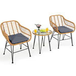 3 Piece Rattan Patio Bistro Set Wicker Conversation Set with Glass Coffee Table & Cushioned Armchairs