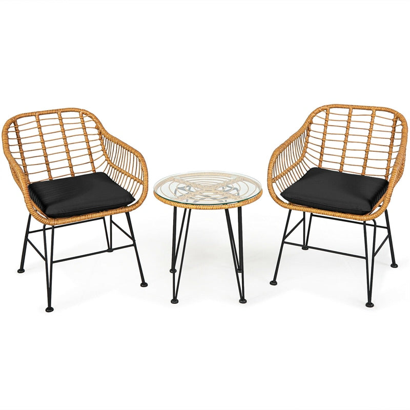 3 Piece Rattan Patio Bistro Set Wicker Conversation Set with Glass Coffee Table & Cushioned Armchairs