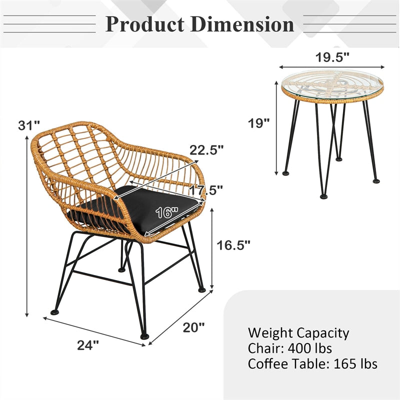 3 Piece Rattan Patio Bistro Set Wicker Conversation Set with Glass Coffee Table & Cushioned Armchairs