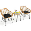 3 Piece Rattan Patio Bistro Set Wicker Conversation Set with Glass Coffee Table & Cushioned Armchairs