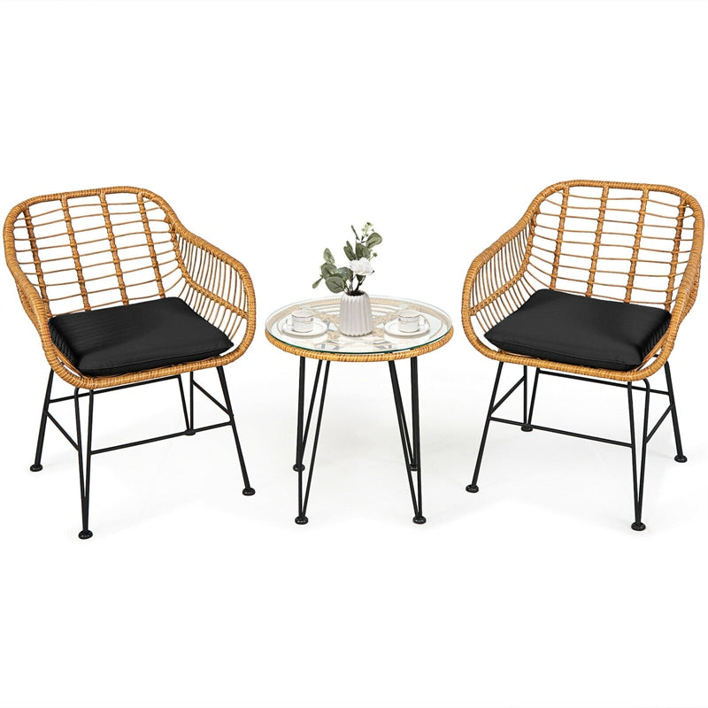 3 Piece Rattan Patio Bistro Set Wicker Conversation Set with Glass Coffee Table & Cushioned Armchairs