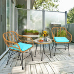 3 Piece Rattan Patio Bistro Set Wicker Conversation Set with Glass Coffee Table & Cushioned Armchairs