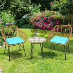 3 Piece Rattan Patio Bistro Set Wicker Conversation Set with Glass Coffee Table & Cushioned Armchairs