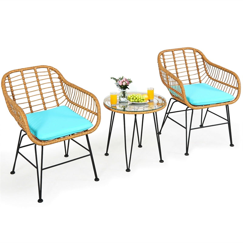 3 Piece Rattan Patio Bistro Set Wicker Conversation Set with Glass Coffee Table & Cushioned Armchairs