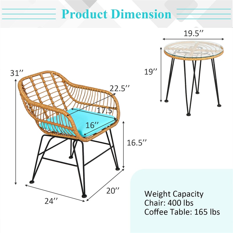 3 Piece Rattan Patio Bistro Set Wicker Conversation Set with Glass Coffee Table & Cushioned Armchairs