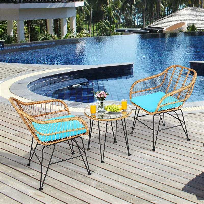 3 Piece Rattan Patio Bistro Set Wicker Conversation Set with Glass Coffee Table & Cushioned Armchairs