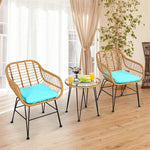 3 Piece Rattan Patio Bistro Set Wicker Conversation Set with Glass Coffee Table & Cushioned Armchairs