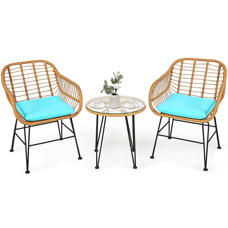 3 Piece Rattan Patio Bistro Set Wicker Conversation Set with Glass Coffee Table & Cushioned Armchairs