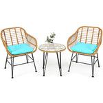 3 Piece Rattan Patio Bistro Set Wicker Conversation Set with Glass Coffee Table & Cushioned Armchairs