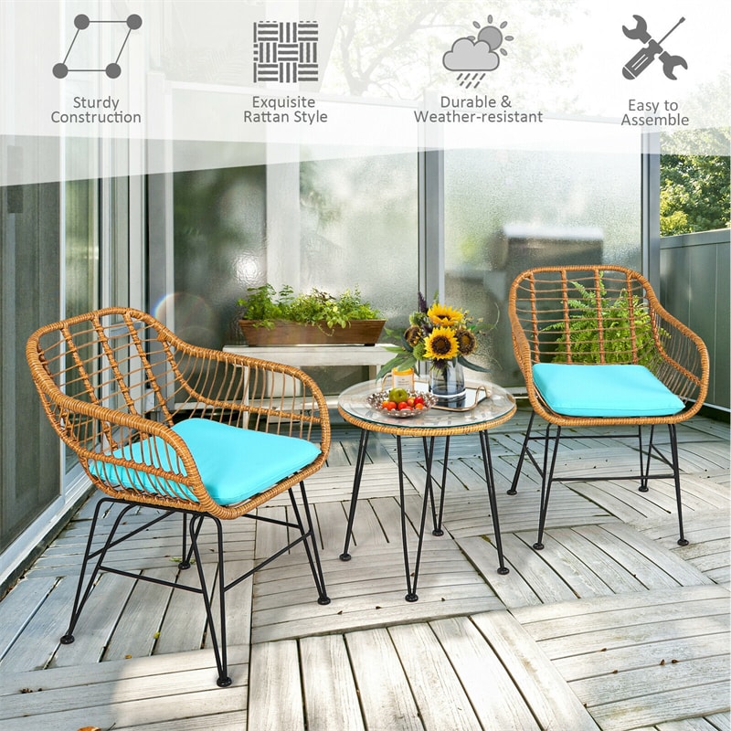 3 Piece Rattan Patio Bistro Set Wicker Conversation Set with Glass Coffee Table & Cushioned Armchairs