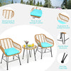 3 Piece Rattan Patio Bistro Set Wicker Conversation Set with Glass Coffee Table & Cushioned Armchairs