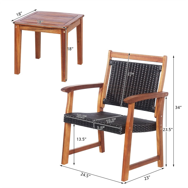 3 Piece Patio Acacia Wood Bistro Set Outdoor Rattan Conversation Chair Set with Side Table for Garden