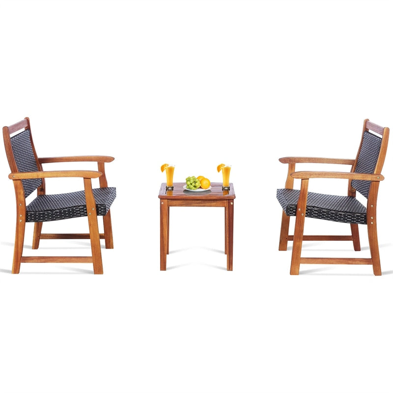 3 Piece Patio Acacia Wood Bistro Set Outdoor Rattan Conversation Chair Set with Side Table for Garden