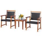 3 Piece Patio Acacia Wood Bistro Set Outdoor Rattan Conversation Chair Set with Side Table for Garden