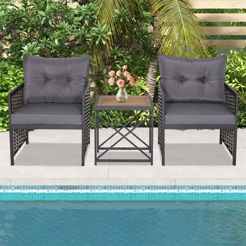 3 Piece Patio Rattan Furniture Set with 2 Cushioned Chairs, Acacia Wood Coffee Table, Heavy-Duty Metal Frame Outdoor Wicker Conversation Set