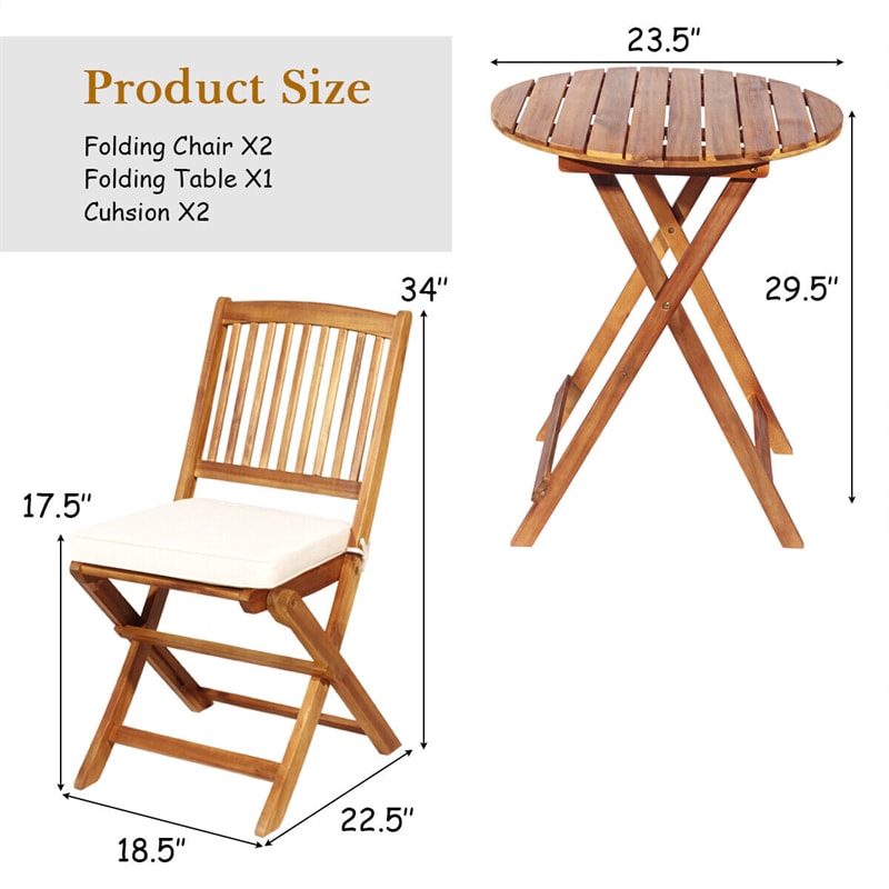 3PCS Patio Bistro Set Acacia Wood Folding Bistro Table Chair Set with Padded Cushions for Outdoor Garden Yard