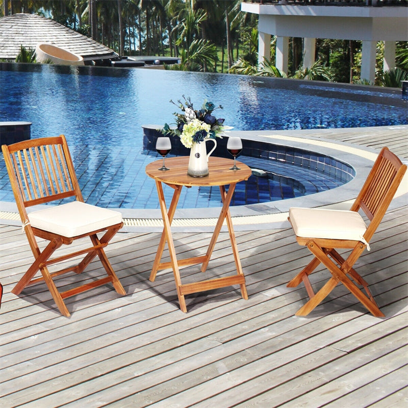 3PCS Patio Bistro Set Acacia Wood Folding Bistro Table Chair Set with Padded Cushions for Outdoor Garden Yard