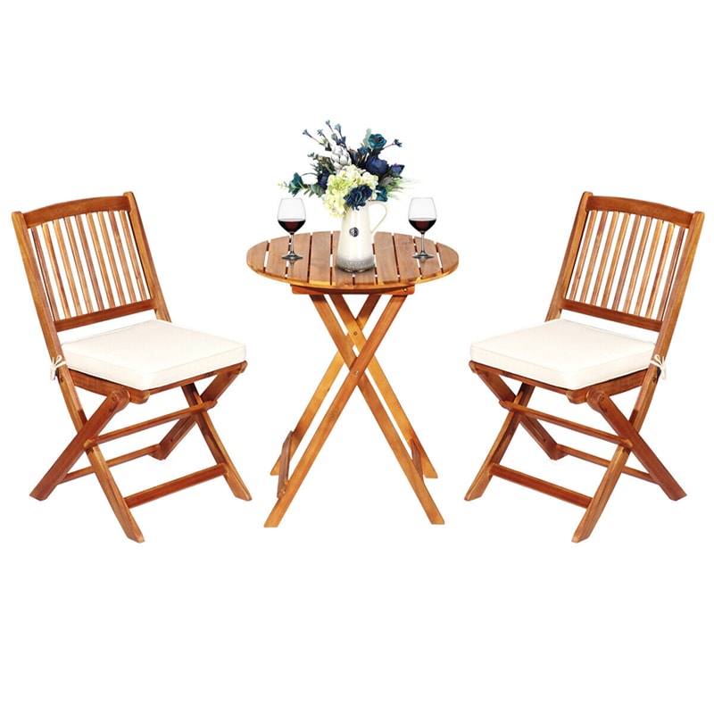 3PCS Patio Bistro Set Acacia Wood Folding Bistro Table Chair Set with Padded Cushions for Outdoor Garden Yard