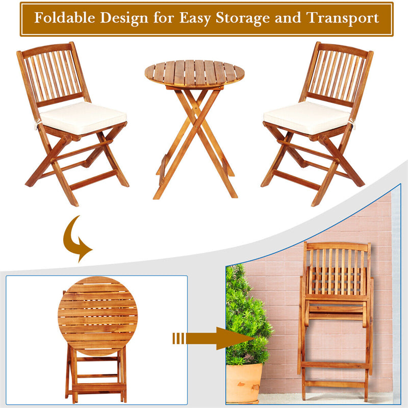 3PCS Patio Bistro Set Acacia Wood Folding Bistro Table Chair Set with Padded Cushions for Outdoor Garden Yard