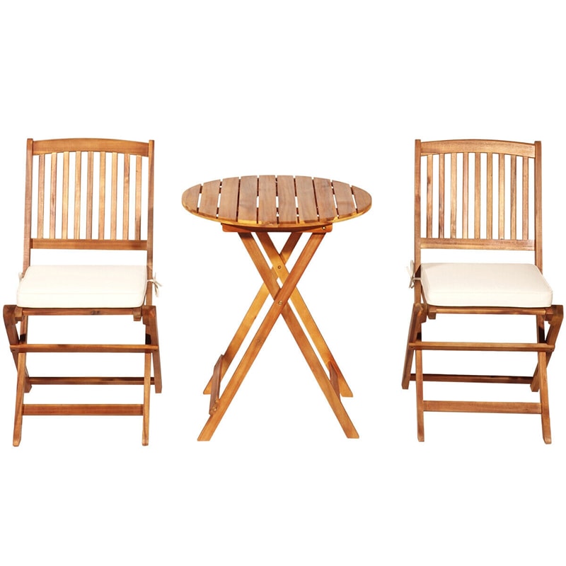 3PCS Patio Bistro Set Acacia Wood Folding Bistro Table Chair Set with Padded Cushions for Outdoor Garden Yard