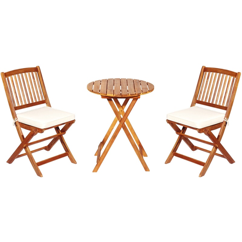 3PCS Patio Bistro Set Acacia Wood Folding Bistro Table Chair Set with Padded Cushions for Outdoor Garden Yard