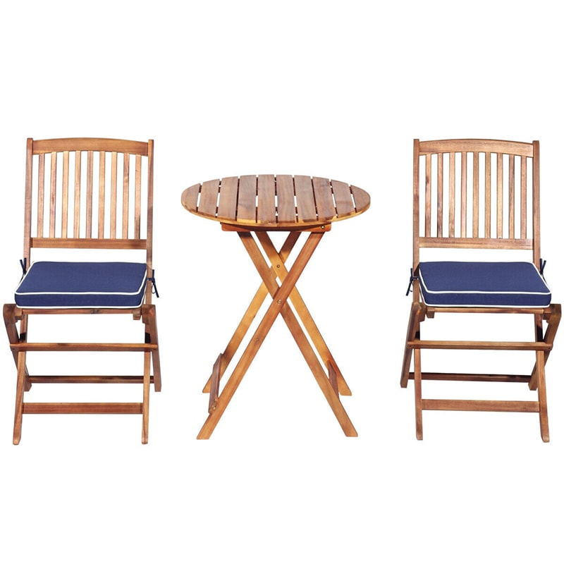 3PCS Patio Bistro Set Acacia Wood Folding Bistro Table Chair Set with Padded Cushions for Outdoor Garden Yard