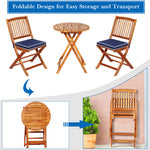 3PCS Patio Bistro Set Acacia Wood Folding Bistro Table Chair Set with Padded Cushions for Outdoor Garden Yard