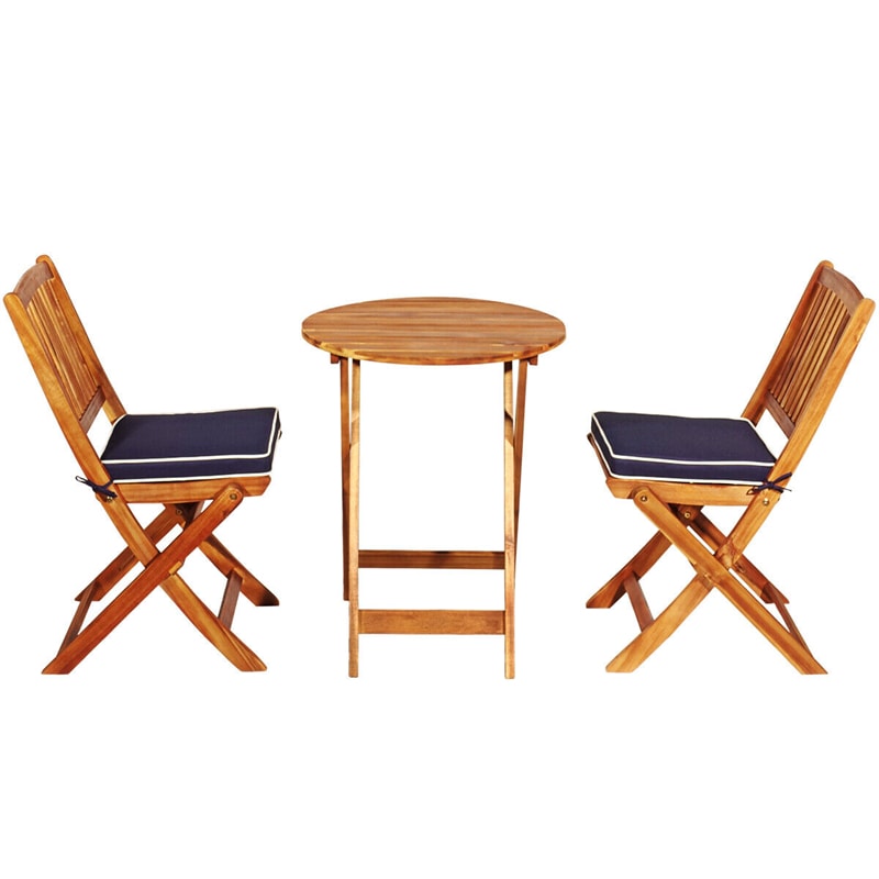 3PCS Patio Bistro Set Acacia Wood Folding Bistro Table Chair Set with Padded Cushions for Outdoor Garden Yard