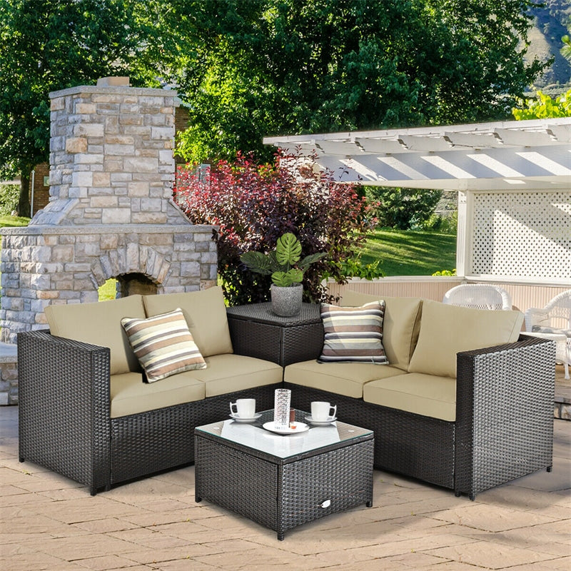 4-Piece Rattan Patio Furniture Set Outdoor Wicker Conversation Set with Storage Box, Coffee Table & Waterproof Cover