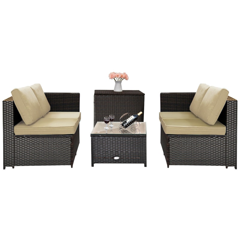 4-Piece Rattan Patio Furniture Set Outdoor Wicker Conversation Set with Storage Box, Coffee Table & Waterproof Cover