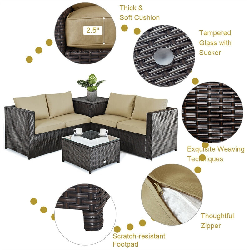 4-Piece Rattan Patio Furniture Set Outdoor Wicker Conversation Set with Storage Box, Coffee Table & Waterproof Cover